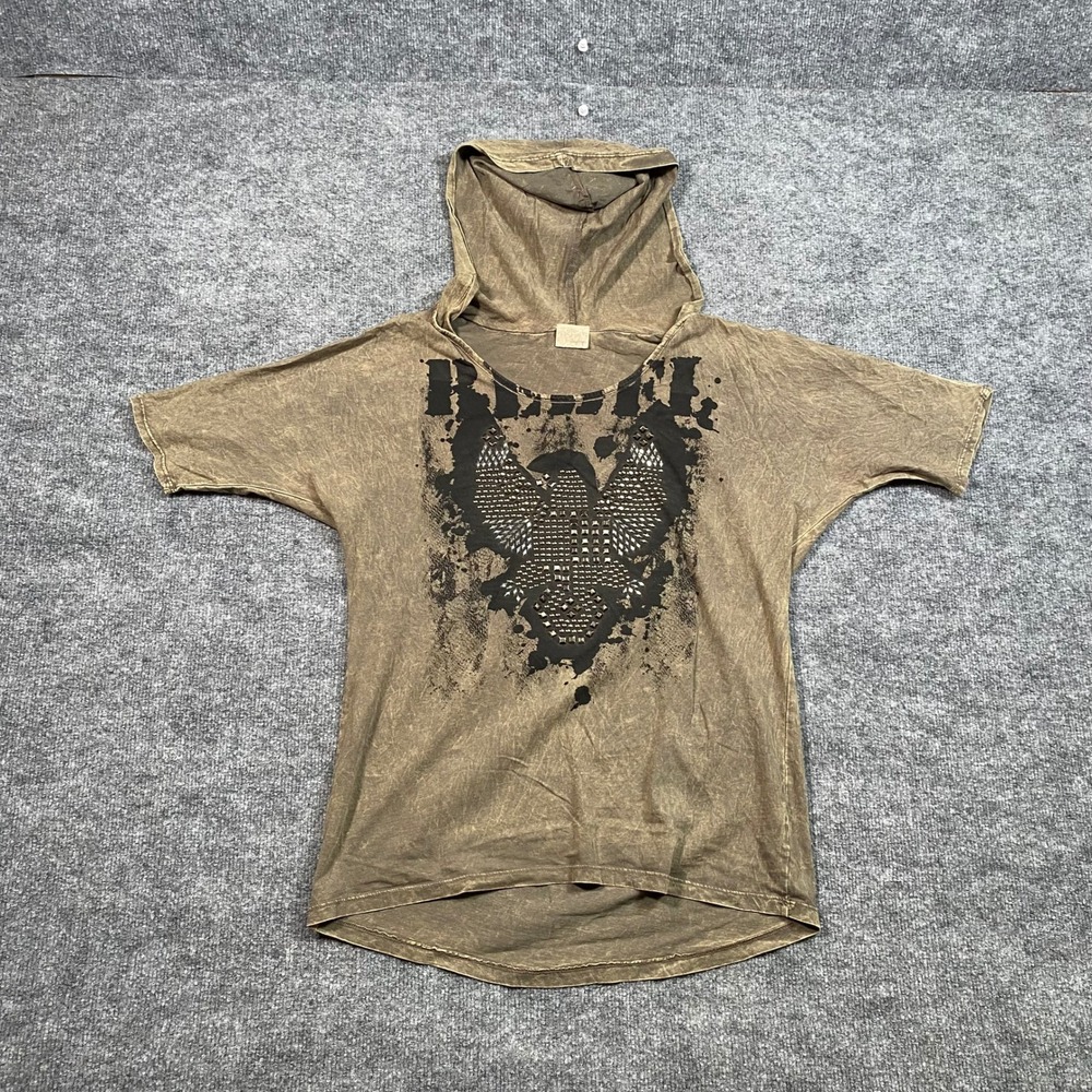 Daytrip Womens Brown Acid Wash Eagle Rebel Graphic Short Sleeve Hoodie Large